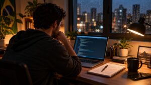 Desenvolvedor em home office à noite revisando código e anotações de recolocação