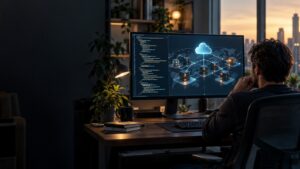 Imagem editorial de um desenvolvedor observando uma arquitetura de cloud e código, representando a aquisição da Deno pela Cloudflare.