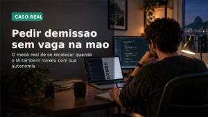 Desenvolvedor em home office refletindo sobre demissao, recolocacao e carreira em TI.