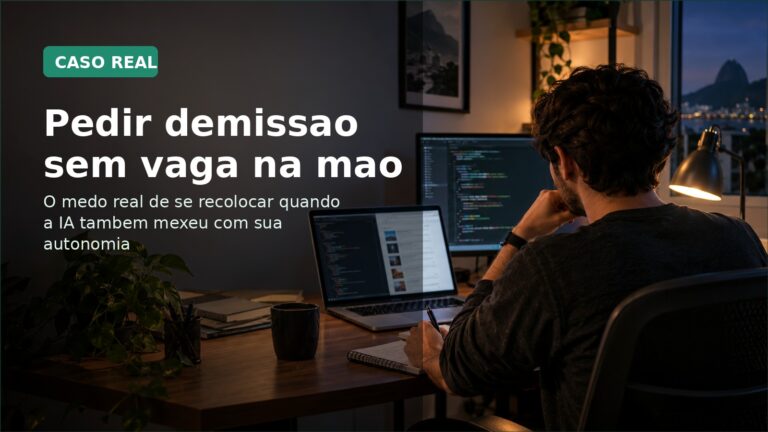 Desenvolvedor em home office refletindo sobre demissao, recolocacao e carreira em TI.