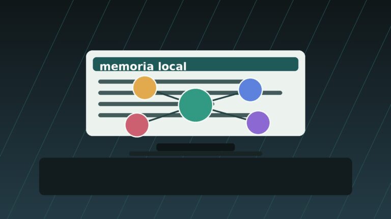 Ilustração editorial de notebook com rede de memória local para agentes de IA.