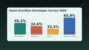 Grafico editorial sobre IA, satisfacao e cansaco dev no Stack Overflow Developer Survey 2026.