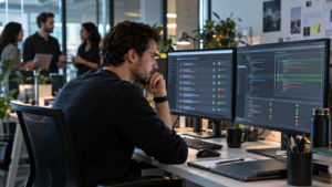 Desenvolvedor revisando uma fila de pull requests e checks automatizados em monitores.