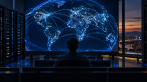 Sala de operações de rede com mapa global e rotas de internet, ilustração editorial sobre RPKI