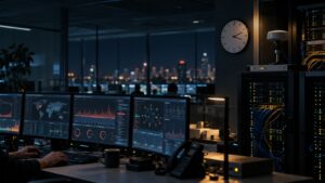 Sala de operações de rede com monitores, racks e relógio, representando incidente de sincronização de tempo