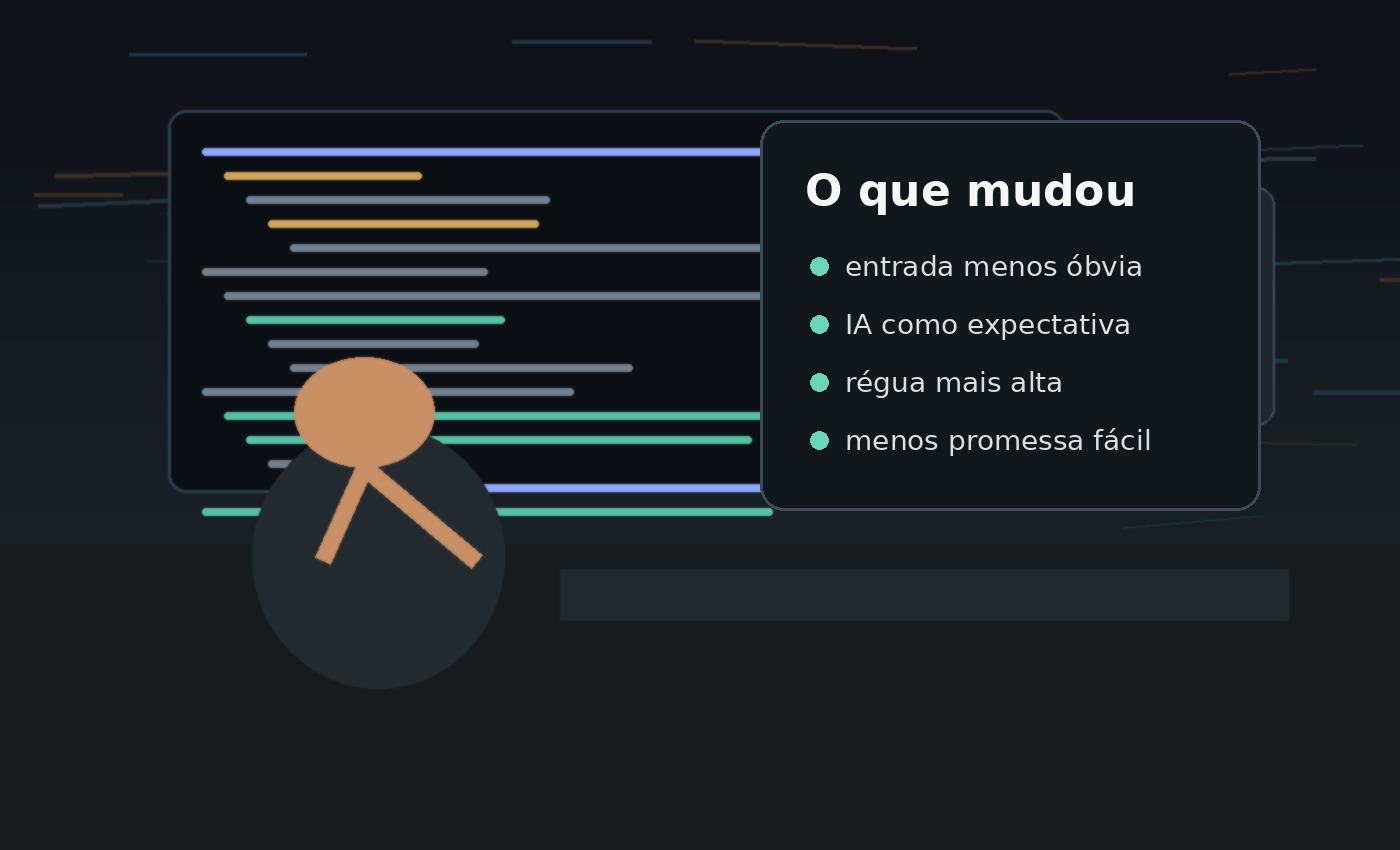 Imagem editorial com pontos sobre entrada mais difícil, IA como expectativa, régua mais alta e menos promessa fácil na carreira dev.