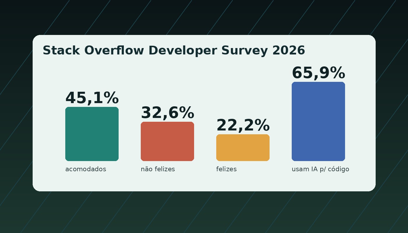 Gráfico editorial com os principais sinais do Stack Overflow Developer Survey 2026 sobre satisfação e uso de IA por desenvolvedores.